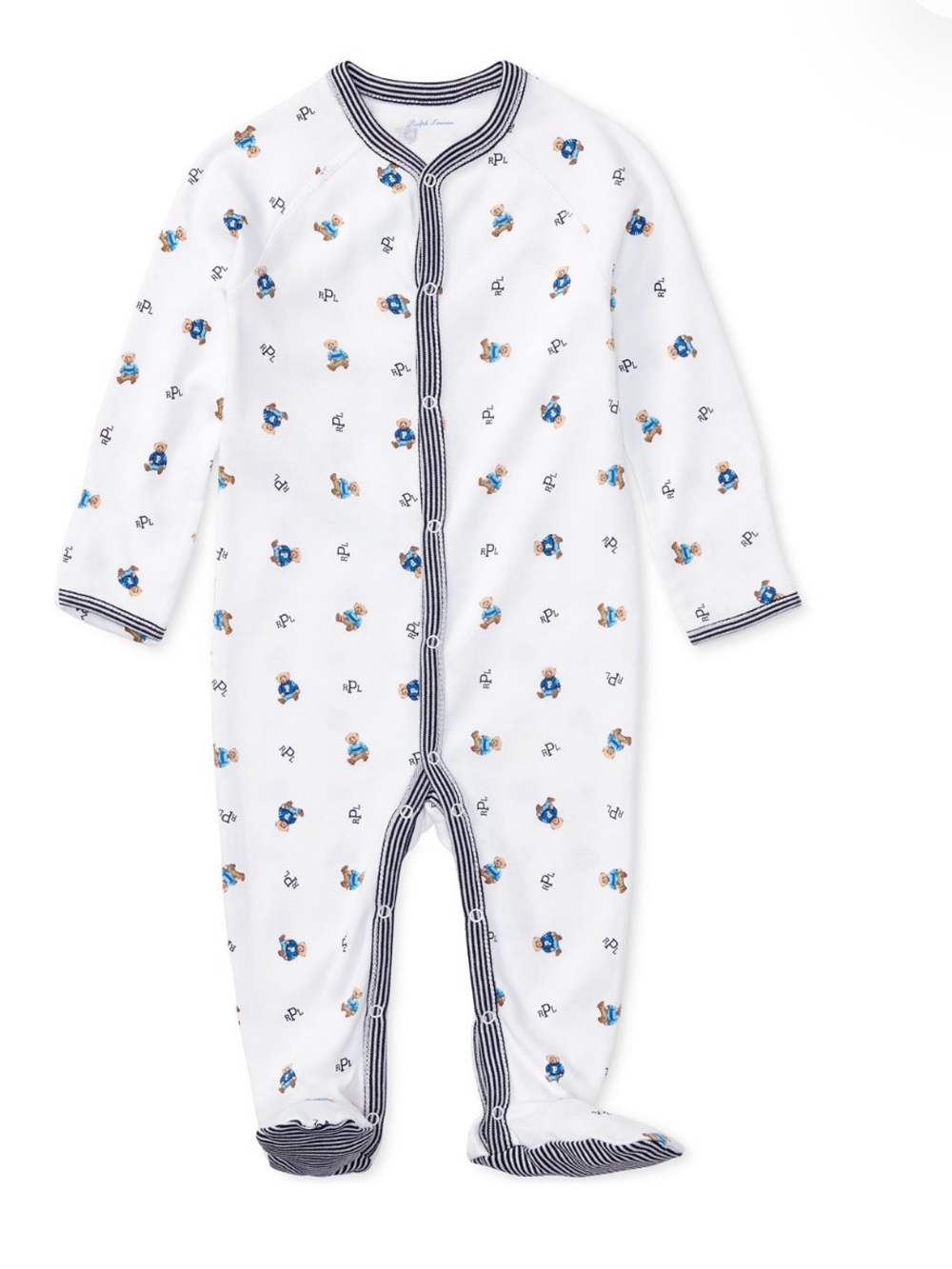 Ralph Lauren Polo bear White & Blue Baby One-Piece Footed Sleepwear 9M